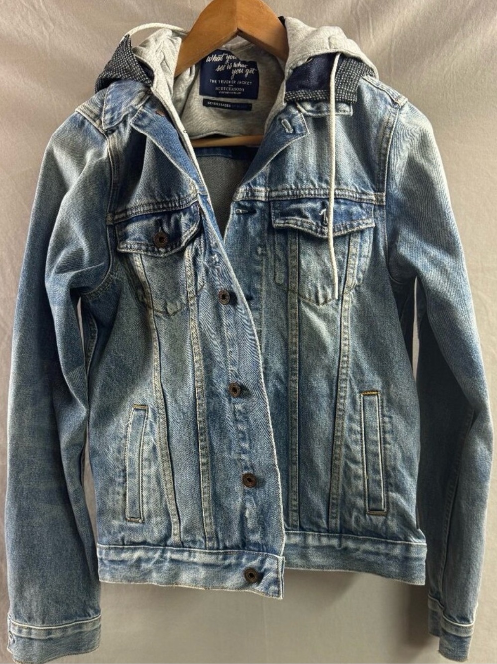 Scotch & Soda Light Blue Denim Trucker Jacket with Grey Hood